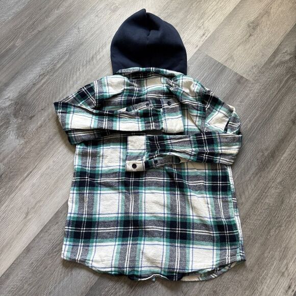 Plaid Flannel Button Down Hooded Shirt  Navy Teal White Large - Picture 7 of 8